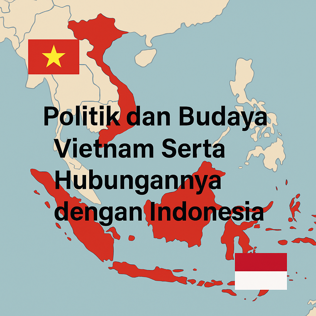 eta Asia Tenggara menampilkan Vietnam dan Indonesia berwarna merah, dilengkapi bendera kedua negara serta judul "Politik dan Budaya Vietnam Serta Hubungannya dengan Indonesia