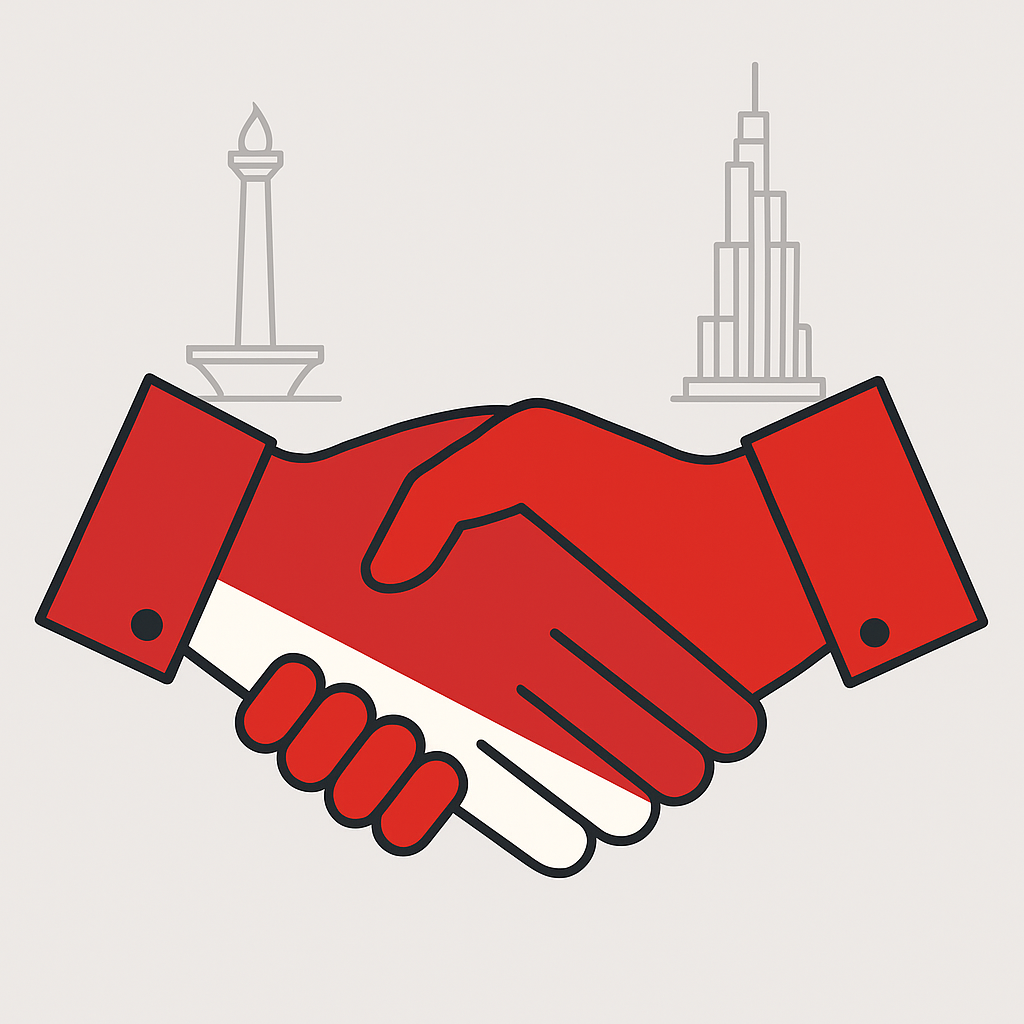 Jabat tangan simbolik antara Indonesia dan Vietnam dengan latar Monas dan Landmark 81 Title: Ilustrasi Diplomatik Indonesia–Vietnam