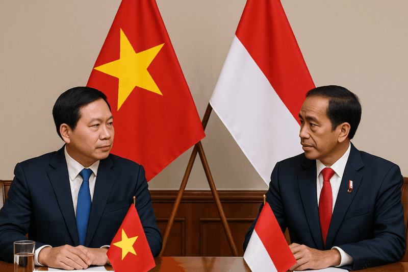 Pertemuan diplomatik antara delegasi Vietnam dan Indonesia dengan bendera kedua negara di meja perundingan.