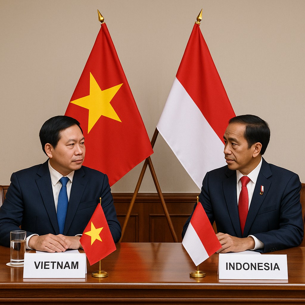 Pertemuan diplomatik antara delegasi Vietnam dan Indonesia dengan bendera kedua negara di meja perundingan.