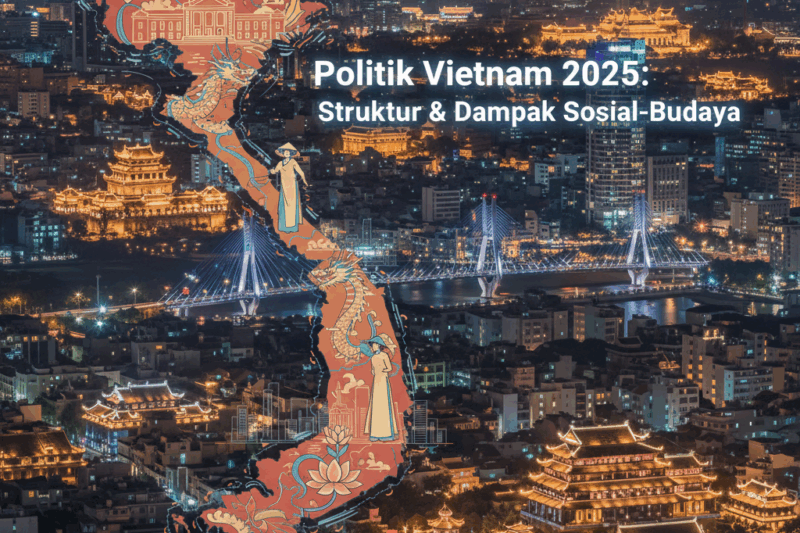 Ilustrasi editorial vektor peta Vietnam dengan latar belakang kolase buram kota-kota terkenal Vietnam (seperti Hanoi, Kota Ho Chi Minh, Teluk Ha Long), menampilkan elemen budaya. Palet warna didominasi merah-emas lembut dengan aksen biru halus. Teks tebal berwarna putih dengan sedikit efek glow berbunyi: 'Politik Vietnam 2025: Struktur & Dampak Sosial-Budaya', terletak di ruang negatif kanan atas dengan perataan kanan.