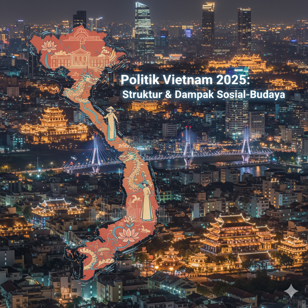 Ilustrasi editorial vektor peta Vietnam dengan latar belakang kolase buram kota-kota terkenal Vietnam (seperti Hanoi, Kota Ho Chi Minh, Teluk Ha Long), menampilkan elemen budaya. Palet warna didominasi merah-emas lembut dengan aksen biru halus. Teks tebal berwarna putih dengan sedikit efek glow berbunyi: 'Politik Vietnam 2025: Struktur & Dampak Sosial-Budaya', terletak di ruang negatif kanan atas dengan perataan kanan.