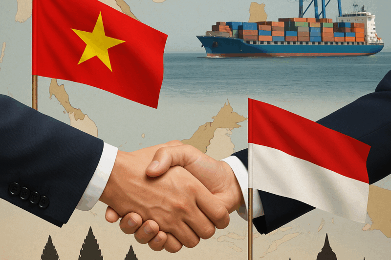 Kolase hubungan Vietnam–Indonesia menampilkan jabat tangan diplomatik, bendera dua negara, kapal kargo, serta siluet Angkor Wat dan Borobudur.