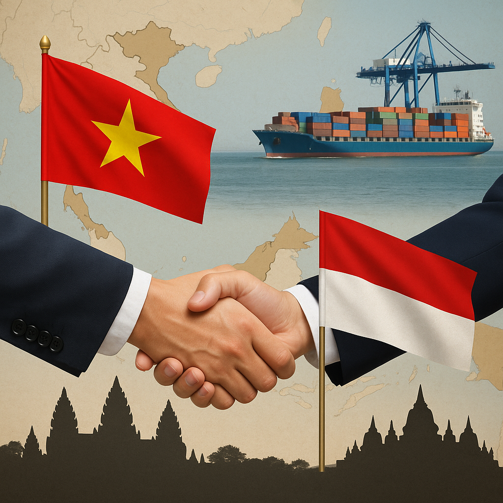 Kolase hubungan Vietnam–Indonesia menampilkan jabat tangan diplomatik, bendera dua negara, kapal kargo, serta siluet Angkor Wat dan Borobudur.