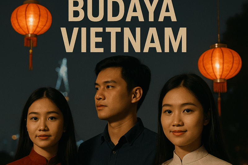 Tiga pemuda Vietnam mengenakan ao dai berdiri di bawah lampion merah dengan latar malam kota Ho Chi Minh, menggambarkan modernisasi dan budaya Vietnam.