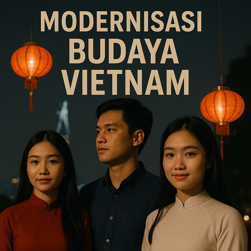 Tiga pemuda Vietnam mengenakan ao dai berdiri di bawah lampion merah dengan latar malam kota Ho Chi Minh, menggambarkan modernisasi dan budaya Vietnam.