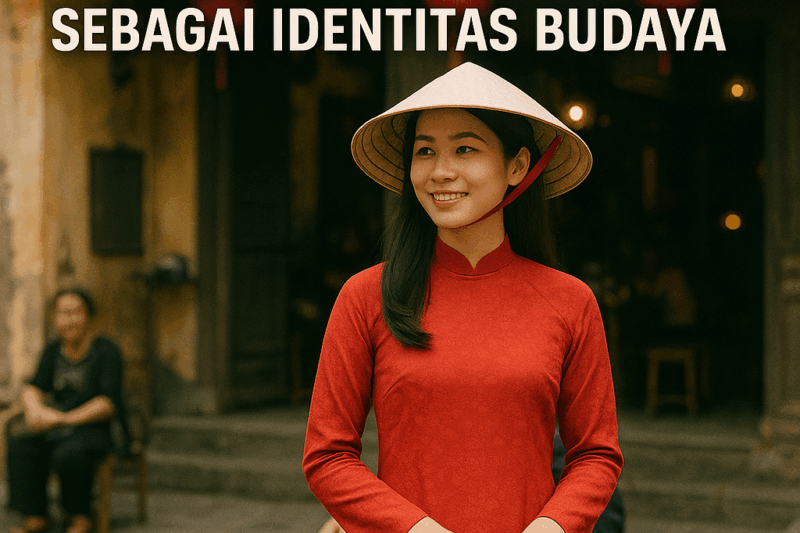 Wanita Vietnam mengenakan áo dài merah berdiri di jalan tradisional Hanoi dengan teks “Seni dan Kuliner sebagai Identitas Budaya” di bagian atas gambar.