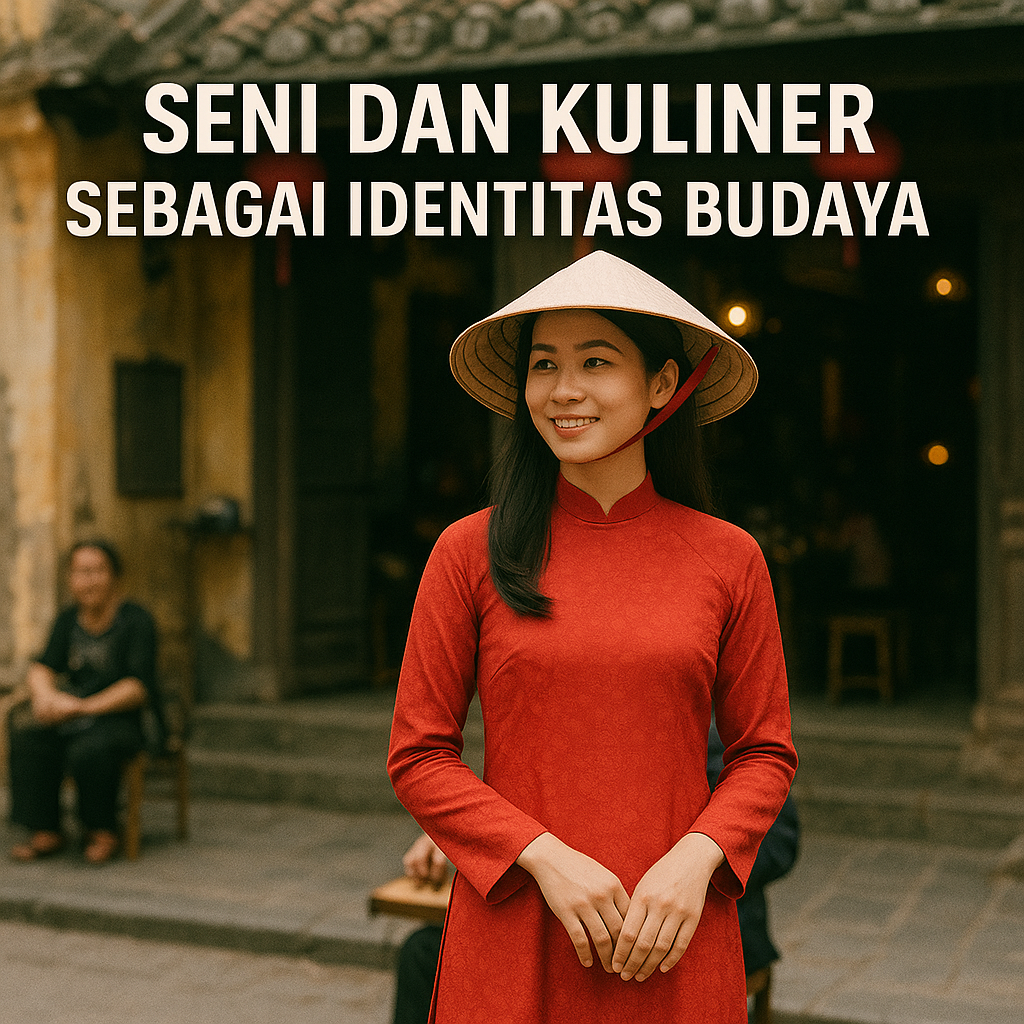 Wanita Vietnam mengenakan áo dài merah berdiri di jalan tradisional Hanoi dengan teks “Seni dan Kuliner sebagai Identitas Budaya” di bagian atas gambar.