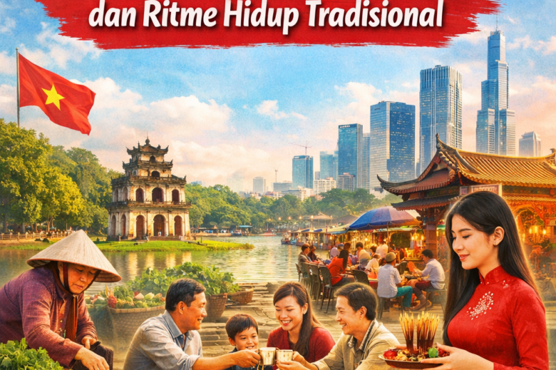 Budaya Vietnam modern dengan kehidupan tradisional masyarakat, keluarga, pasar, dan latar kota Vietnam