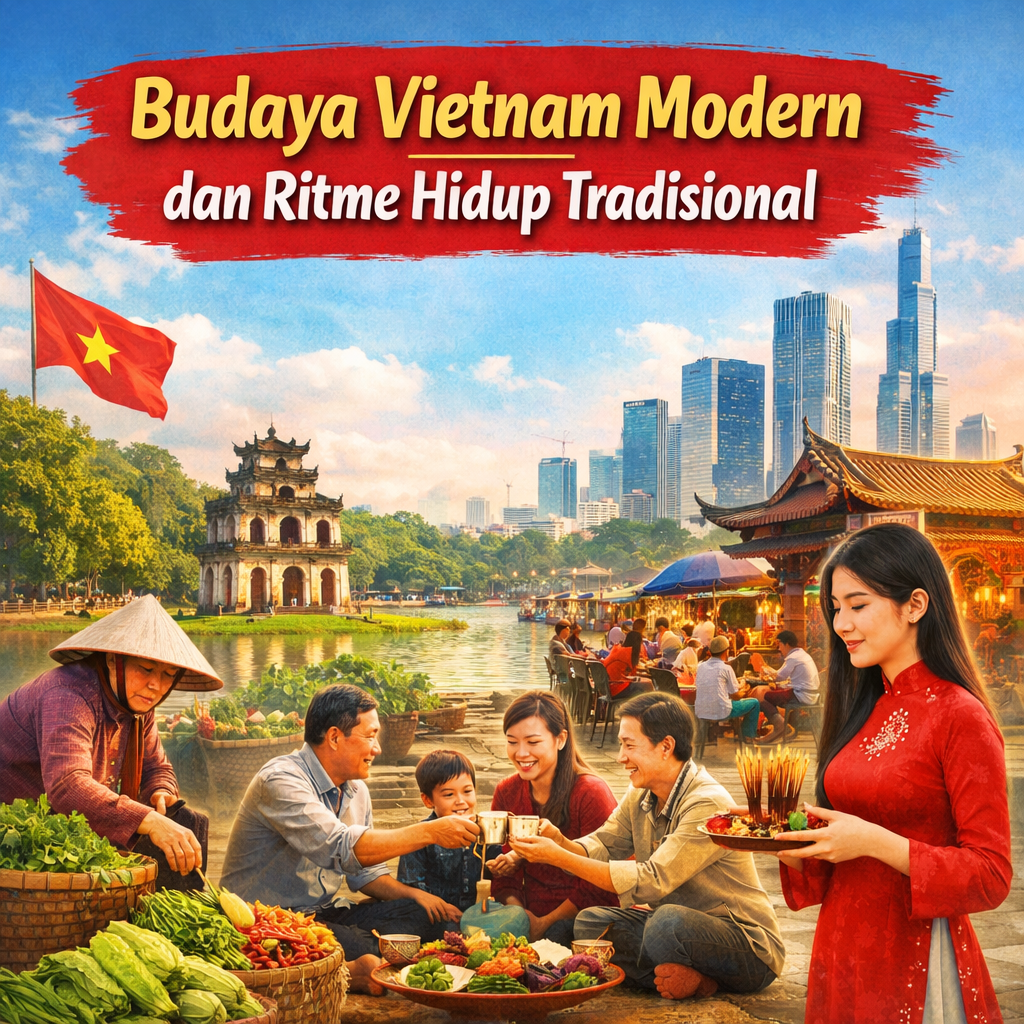 Budaya Vietnam modern dengan kehidupan tradisional masyarakat, keluarga, pasar, dan latar kota Vietnam