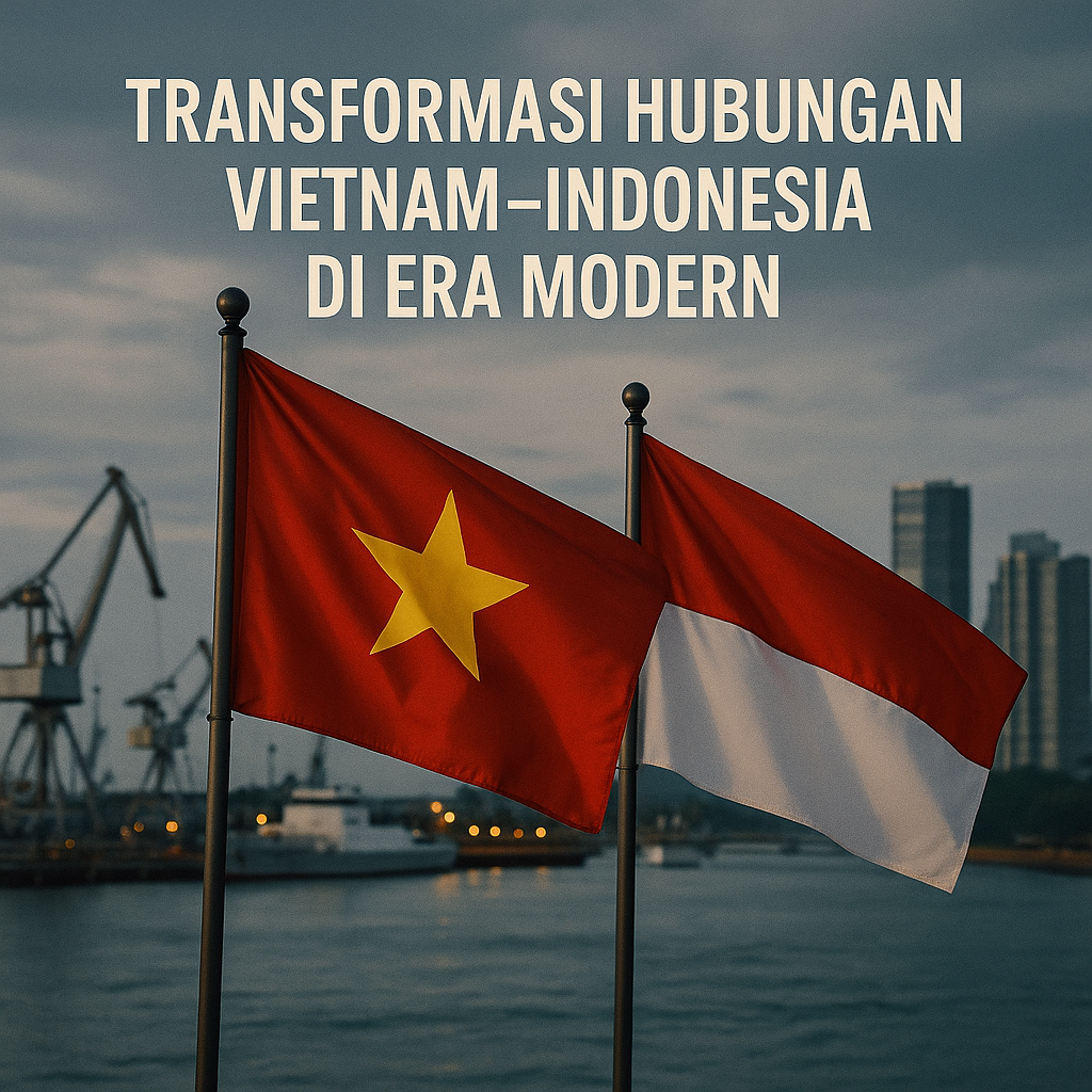 Bendera Vietnam dan Indonesia berkibar berdampingan di depan latar pelabuhan modern sebagai simbol transformasi hubungan kedua negara di era modern.